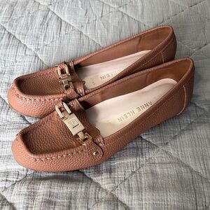 Anne Klein iFlex Brown Leather Loafers with Gold Accent